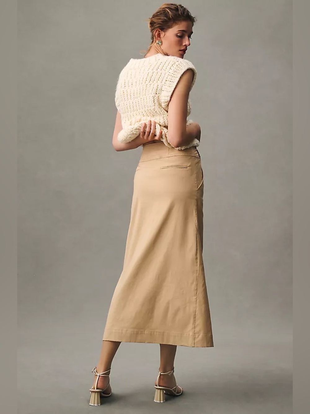 Anthropologie Slim Column Maxi Skirt Tan Linen Blend Front Slit Pockets Size 4 - Picture 4 of 16